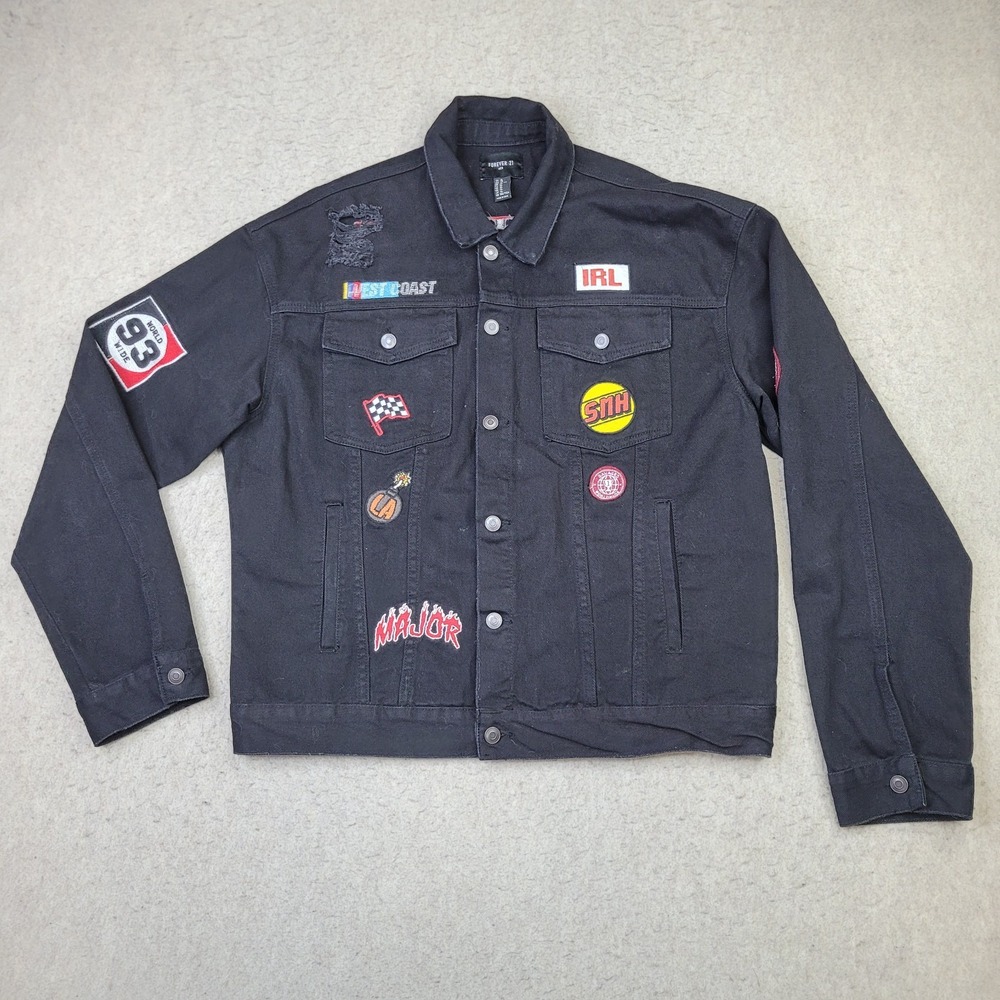 Forever 21 Men's XL Black Denim Jacket Embroidery Patches Racing Button